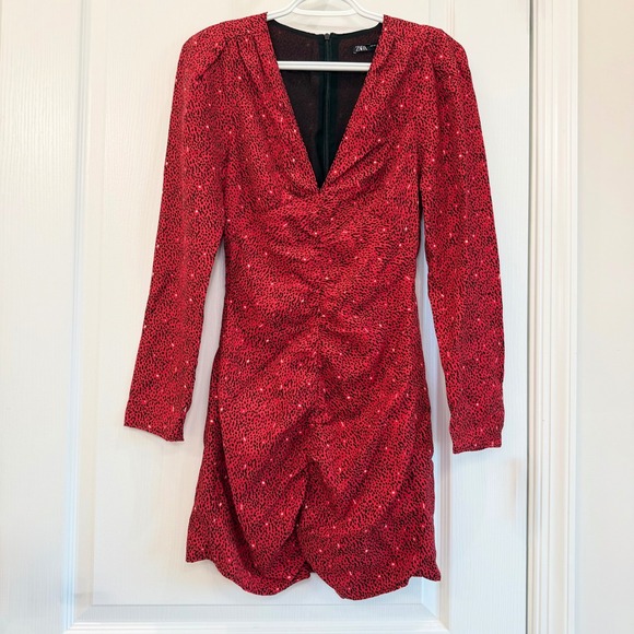 Zara Dresses & Skirts - ZARA Red Animal Print Ruched Mini Dress Long Sleeve V Neck Draped Date Night XS